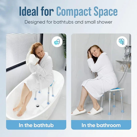 Adjustable Shower Chair With Tool Free Assembly And Anti Slip Bath Stool for Inside Shower, durable aluminum legs, in use.