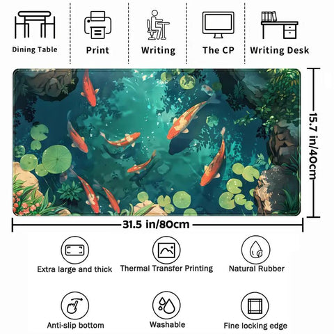 Blue Waters Desk Pad For Gaming And Work, Mega Extra Large 31.5 By 15.7 Inches, koi fish design, non-slip surface, for desks