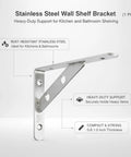 Heavy Duty L Shape Wall Shelf Bracket For Kitchen Bathroom Garage Storage, stainless steel construction with labels, silver finish
