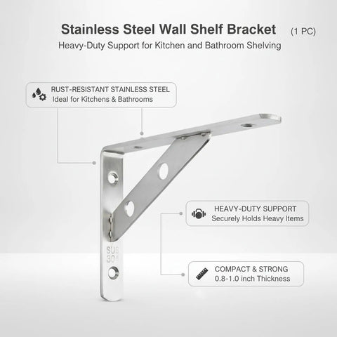 Heavy Duty L Shape Wall Shelf Bracket For Kitchen Bathroom Garage Storage, stainless steel construction with labels, silver finish