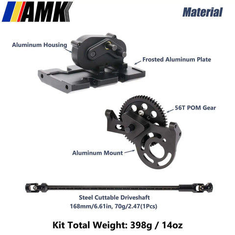 1 By 10 Scale RC Crawler Transmission Kit Beefed Up With Thirty Percent Overdrive Gearbox And Three Driveshafts For Axial SCX10 II Element Enduro DIY LCG Chassis Black showing aluminum housing and steel driveshaft.