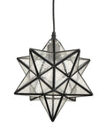 Seeded Glass Moravian Star Pendant Light With Black Industrial Finish, Handcrafted Seeded Glass Shade, Lift Up Side Star