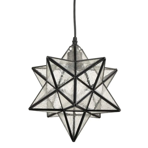 Seeded Glass Moravian Star Pendant Light With Black Industrial Finish, Handcrafted Seeded Glass Shade, Lift Up Side Star