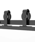 Close-up of silent rolling wheels on Super Slick Frosted Privacy Glass Barn Door Hardware Kit with heavy duty track.