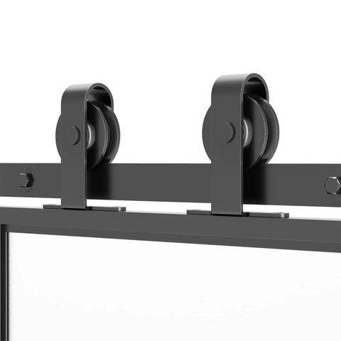 Close-up of silent rolling wheels on Super Slick Frosted Privacy Glass Barn Door Hardware Kit with heavy duty track.
