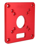 Top Shelf Aluminum 6061 Router Table Insert Plate red finish viewed from front with center bushing and mounting holes.