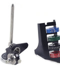 Heavy Duty Stainless Steel Sharpening Angle Device With Precision Indexing Chuck Solid Angle Guide for engraving tools, black and silver.