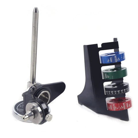 Heavy Duty Stainless Steel Sharpening Angle Device With Precision Indexing Chuck Solid Angle Guide for engraving tools, black and silver.