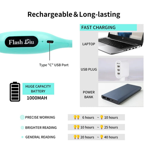 Green Neck Reading Light Hands Free For Cozy Bedside Reading, rechargeable features with USB port and charging options