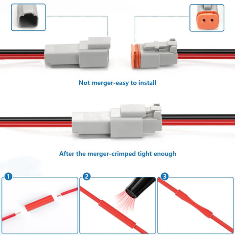 Instructional diagram of 2 Pin Waterproof Connectors 14 AWG DT Series Automotive Plug Kit with heat shrink tubing steps