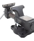Heavy Duty 5 And A Half Inch Mechanics Work Bench Vise With Secure Grip Swivel Base For Woodworking And Metalworking Featuring 60,000 PSI Cast Iron Construction And Extra Large Anvil Surface Built Like A Tank For Pro Grade Projects, front view