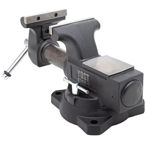 Heavy Duty 5 And A Half Inch Mechanics Work Bench Vise With Secure Grip Swivel Base For Woodworking And Metalworking Featuring 60,000 PSI Cast Iron Construction And Extra Large Anvil Surface Built Like A Tank For Pro Grade Projects, front view