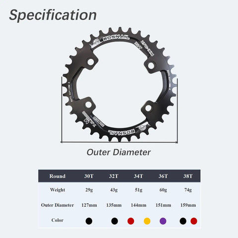 Asymmetrical 96BCD Chainring For Shimano XT SLX with diameter specs, black, 30T-38T options shown in chart