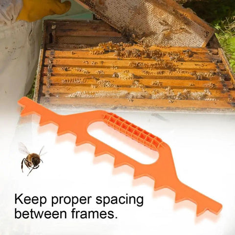 Beekeeping Frame Spacer Tool for Spacing 8 Frames in a 10-Frame Hive Box on wooden bee frames with bees, orange plastic design.