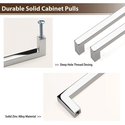 Five Pack Polished Chrome Cabinet Handles For Drawers And Cabinets, Solid Zinc Alloy Square Kitchen Cupboard Pulls, includes mounting screws