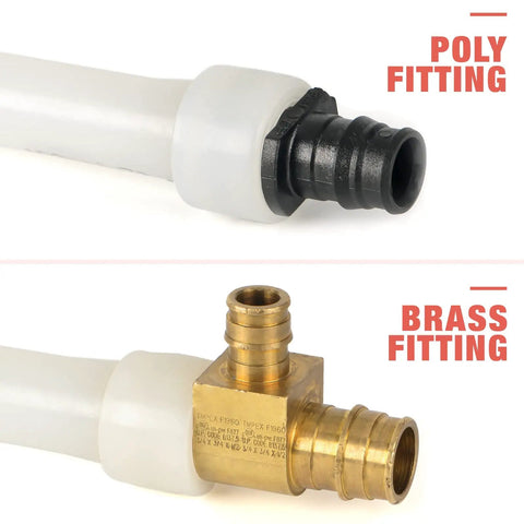 F1960 PEX A Expansion Tool with poly fitting and brass fitting for strong permanent non-barrier PEX connections shown