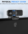 4K Webcam For PC With Built In Microphone, showing physical privacy cover for security and total lens blockage.
