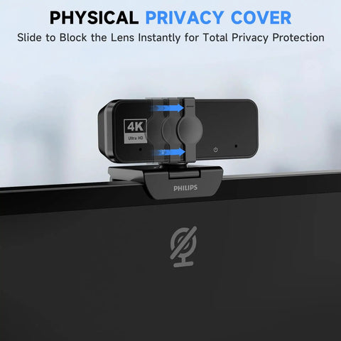 4K Webcam For PC With Built In Microphone, showing physical privacy cover for security and total lens blockage.