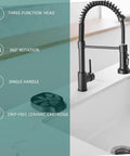 Dope Matte Black Kitchen Faucet With Pull Down Sprayer, 3 Function Spray Head, high arc spout, 360-degree swivel in kitchen setting