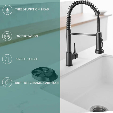 Dope Matte Black Kitchen Faucet With Pull Down Sprayer, 3 Function Spray Head, high arc spout, 360-degree swivel in kitchen setting