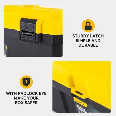 Sixteen Inch Tool Box With Lock And Two Layer Heavy Duty Organizer Removable Tray Liftable Lid For Small Parts 25 Lb Capacity Carry Handle For Tools Camping And Medical Supply Storage, latch and padlock eye