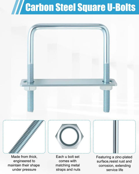 Heavy Duty No Sweat Assembly 12 Piece Square U Bolt Set Zinc Plated Hardware Kit Includes frame plates and nuts, showing carbon steel U-bolt.