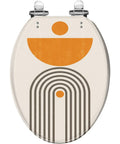 Elongated Toilet Seat Resin Bathroom with geometric orange design, fits standard toilets, measures 14.5" x 18.5".