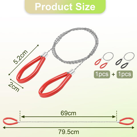 Dual Cable Wire Saw Set For PVC And Stainless Steel Pocket Rope Saw 31.3 Inch shown with dimensions and red handles