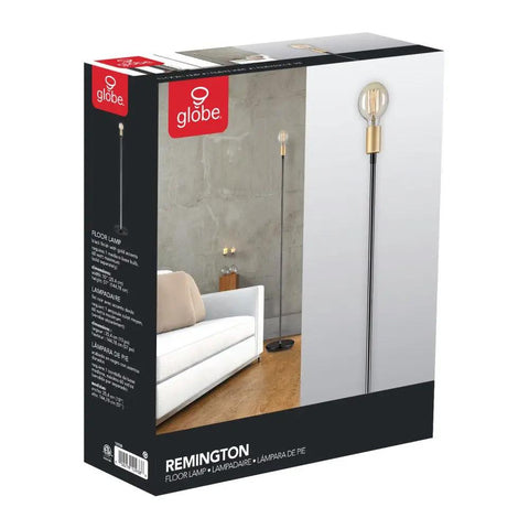 Box of 57 Inch Tall Floor Lamp in Black Satin Finish with Exposed Gold Socket and Inline On Off Rocker Switch Sleek Nordic Accent Lighting