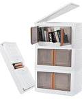 4 Pack Clear Amber Plastic Storage Bins With Secure Lids Stackable Collapsible Closet Organizers Heavy Duty Pressure Resistant Stacking Crates 72L Haul Size showcasing books stored neatly.