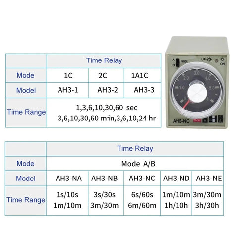 Multi Range 8 Pin Electric Timer Relay With Socket Base For 24V 110V 220V 380V Adjustable Delay And Quick Setup NA/NB/NC/NE/ND Series Plug And Play Ready Reliable Control Timer For Industrial Circuits, AH3 timer relay chart and dial