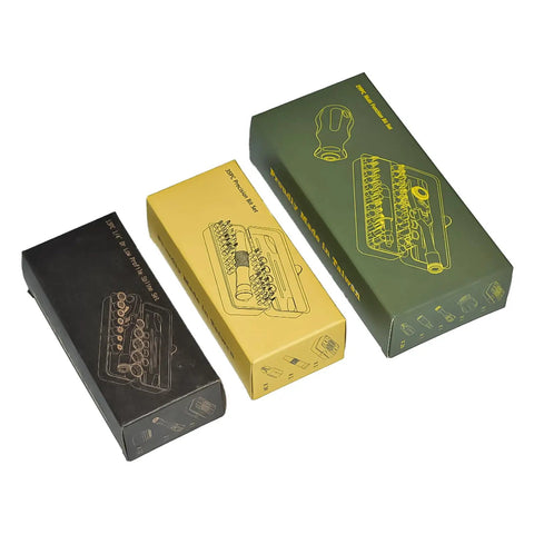 Packaging of Torx Bit Set 77-Piece With 2 In 1 Ratchet Magnetic Bit Holder displayed in three colored boxes