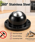 360° Stainless Steel Ball with black base and screws for tool-free install. One Inch Self Adhesive Caster Wheels Four Pack Smooth Appliance Sliders Offer Quick Stick Install And Breezy 360 Degree Swivel Action For Effortless Furniture Moving.