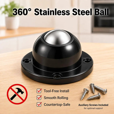 360° Stainless Steel Ball with black base and screws for tool-free install. One Inch Self Adhesive Caster Wheels Four Pack Smooth Appliance Sliders Offer Quick Stick Install And Breezy 360 Degree Swivel Action For Effortless Furniture Moving.