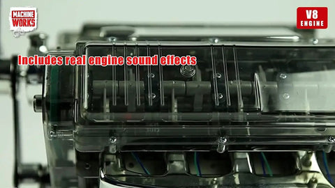 Close-up of Build Your Own V8 Engine Toy Kit With Augmented Reality Realistic Engine Roars showing transparent engine case.
