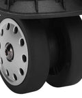 Close-up of Multihole Suitcase Wheel Set In Black Universal Luggage Replacement Wheels Pair With Braked Stop Function