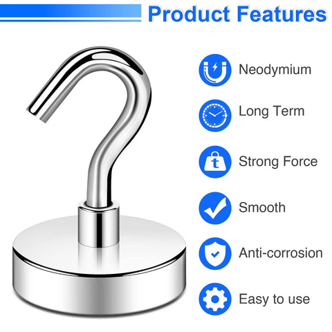 Product features of Heavy Duty Magnetic Hooks Set With 85lb Capacity, Neodymium Magnets And Hooks In Silver, rust resistant.
