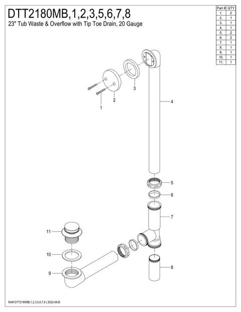Diagram of Tub Waste And Overflow With Push And Pop Toe Drain, 18-Inch Model, 23-1/2-Inch Overall Length, Oil Rubbed Bronze Finish.