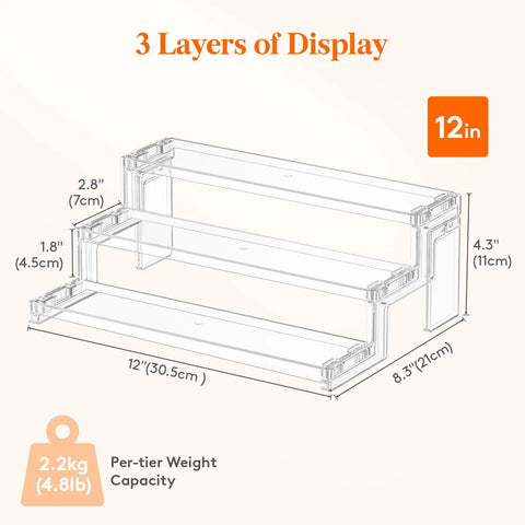 Clear 12 Inch Three Tier Cupcake Stand Display Riser Organizer With Tool Free Assembly dimensions and weight capacity