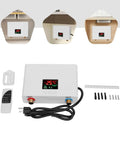 Heavy Duty 3000W Tankless Electric Water Heater With Slick LCD Screen and Cast Aluminum Core showing installation accessories and LCD display.