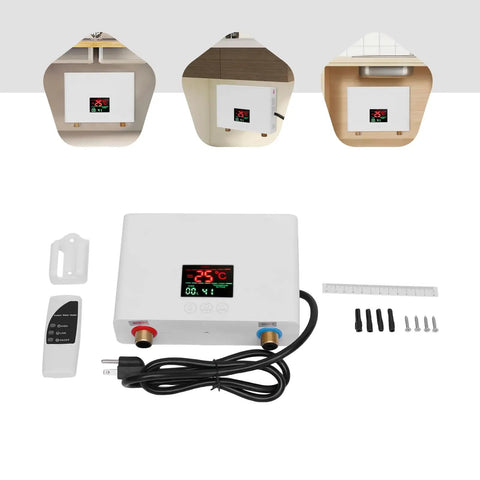 Heavy Duty 3000W Tankless Electric Water Heater With Slick LCD Screen and Cast Aluminum Core showing installation accessories and LCD display.