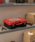 Grab-And-Go Portable Plastic Tool Box With Handle For Hardware Storage, Red And Black, Fits Standard Workshop Shelves, 11.8x10.2x3.9 Inches