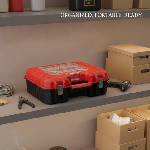 Grab-And-Go Portable Plastic Tool Box With Handle For Hardware Storage, Red And Black, Fits Standard Workshop Shelves, 11.8x10.2x3.9 Inches