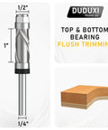 Front view: DUDUXI carbide flush-trim router bit; 1/2 in dia, 1 in length, top & bottom bearings; wood block.