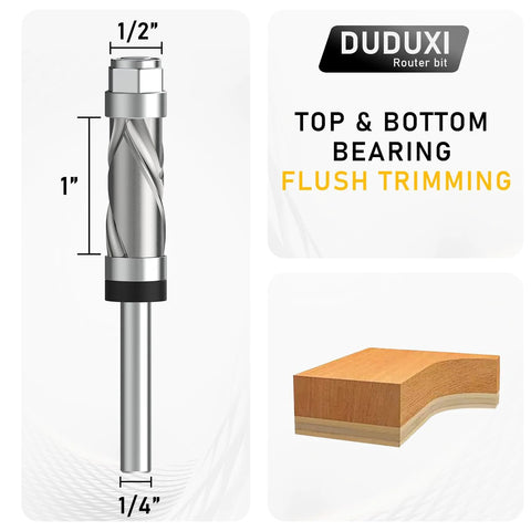 Front view: DUDUXI carbide flush-trim router bit; 1/2 in dia, 1 in length, top & bottom bearings; wood block.