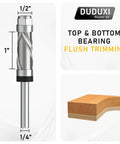 Flush Trim Router Bit With Quarter Inch Shank Top And Bottom Bearing Two Plus Two Flute Half Inch Cutting Diameter One Inch Cutting Length Spiral Up Down Pattern For Precision Wood Trimming, shown with measurements and trimming example.