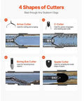 Four interchangeable cutters for Heavy Duty Automatic Feed Drain Auger Sewer Snake Cleaning Machine, displaying Arrow, C-Cutter, Boring Bub, and Spade types.