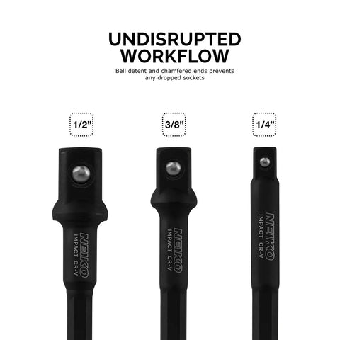 Close-up of 15 Inch Impact Extension And Socket Adapter Set For Auto And Shop 1/4 3/8 And 1/2 Inch Drive 6 Piece Chrome Vanadium