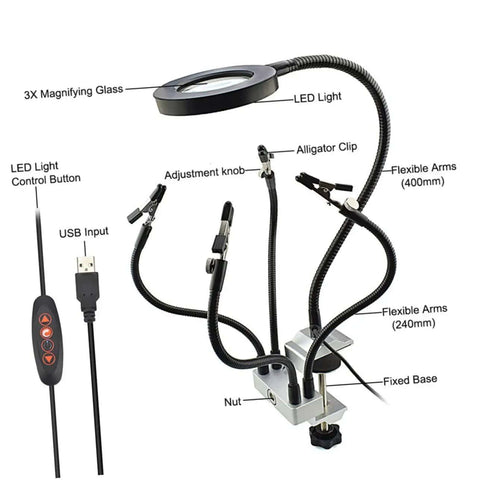 LED Magnifying Glass Table Lamp With Adjustable Brightness And Color Temperature For DIY Pro Grade Crafts Jewelry Making Welding Repair And Reading Hands Free Workbench Magnifier Light with labeled parts.