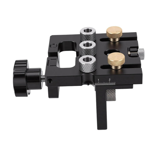 Doweling Jig Kit With Aluminum Adjustable Drilling Guide For Cabinet Installation And Furniture Assembly Pro Grade Precision And Easy Alignment brass and aluminum components close-up
